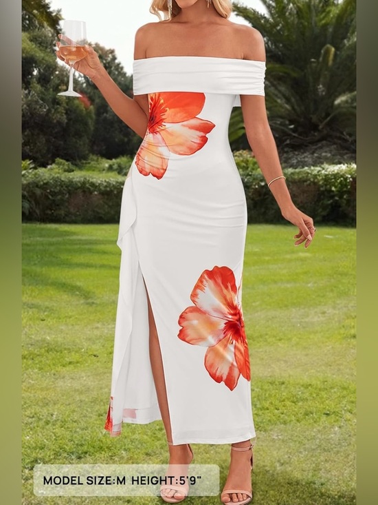 Merokeety Dresses & Skirts - White Off shoulder Floral Midi Dress with Orange Blossom Accents
